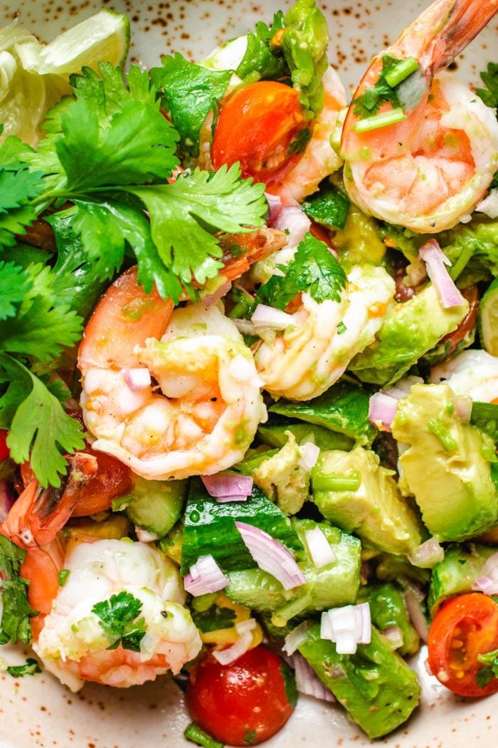 A detail close shot of the shrimp salad recipe