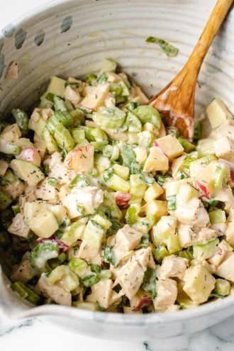Mix the chicken apple salad with whole30 ranch dressing in a large bowl
