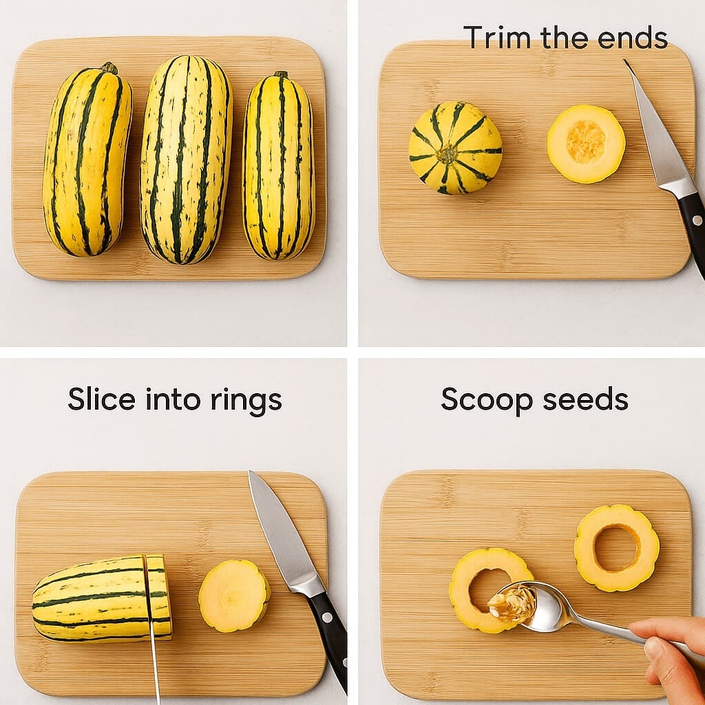 Four-step guide to prepping delicata squash for roasting: 1) Three whole delicata squash on a cutting board, 2) trimmed ends, 3) slicing into rings, 4) using a spoon to scoop out seeds—perfect for learning how to roast delicata squash.