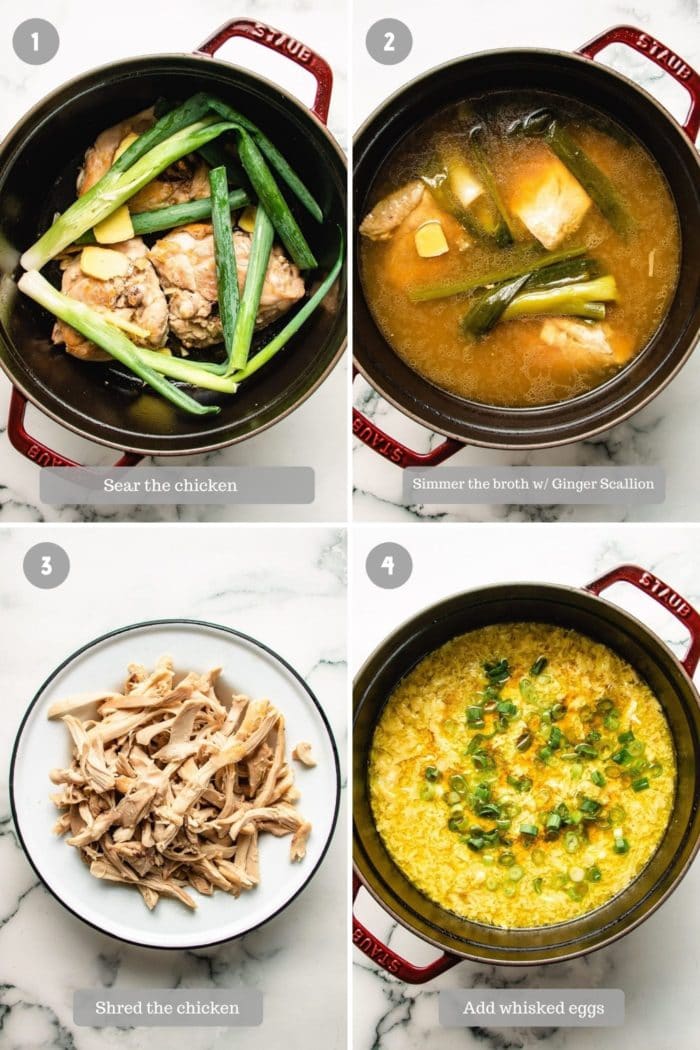 step-by-step photo shows how to make egg drop soup