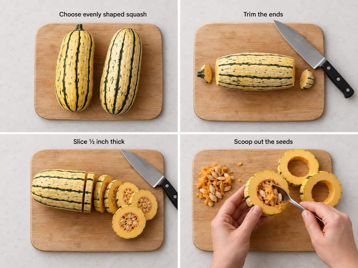 Step-by-step guide showing how to prepare roasted delicata squash: choose your squash, trim the ends with a knife, slice into half-inch rounds, then scoop out the seeds with a spoon before roasting.