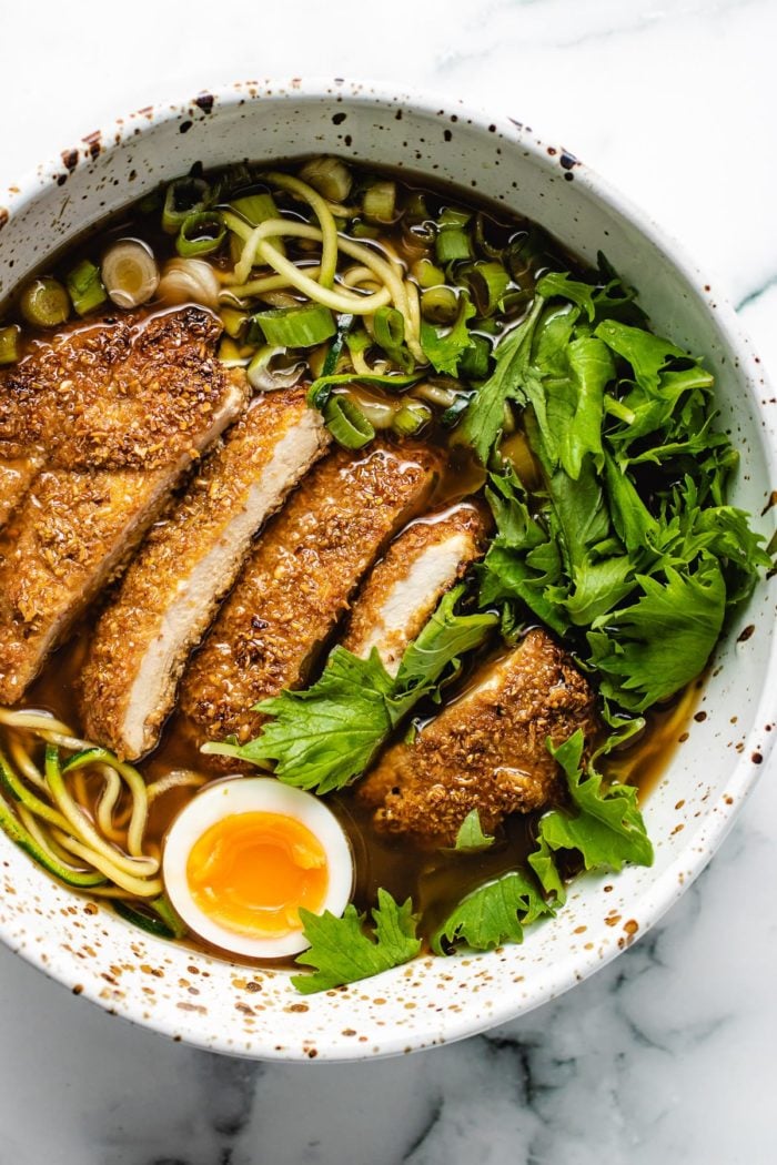 An overhead shot of the chicken ramen noodle bowl