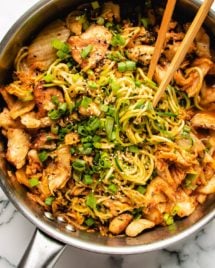 Kimchi and Chicken Stir-Fry with Zucchini Noodles in a big skillet