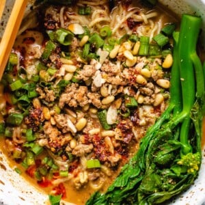 Dandan noodles dish close shot in a big white bowl