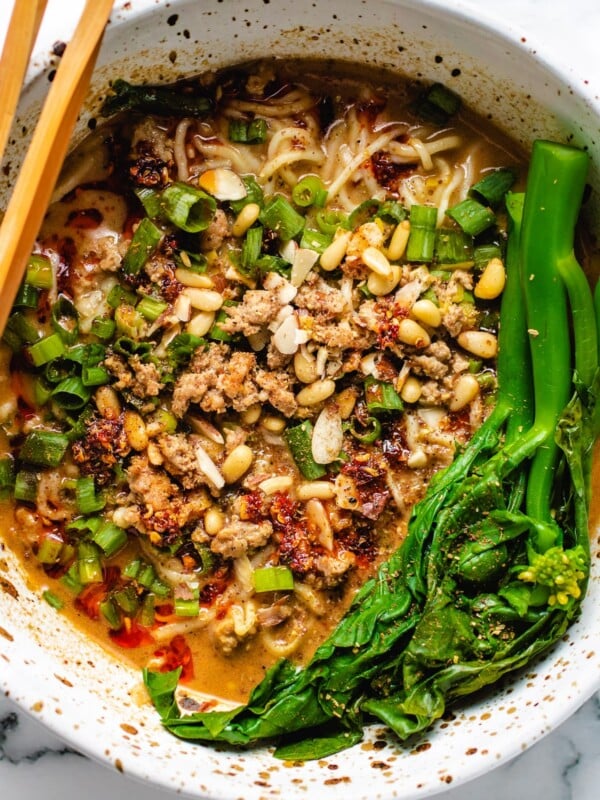 Dandan noodles dish close shot in a big white bowl