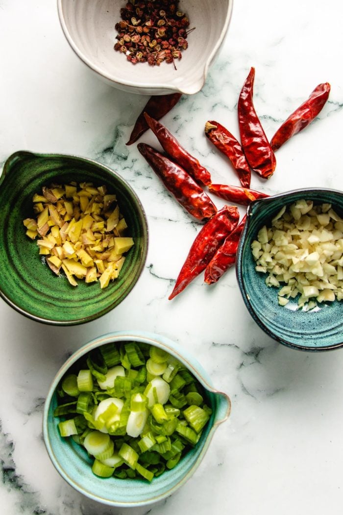 Ingredients with Sichuan peppercorns, Chinese dried chilis, ginger, garlic, and scallions