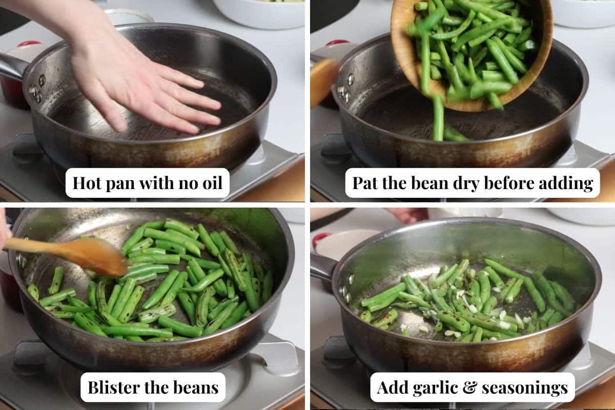 Four images show steps to cook Chinese garlic green beans: heating an empty pan, adding dry green beans, stirring to blister them, then adding garlic and seasonings. Each step is labeled at the bottom of the image.