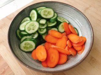 Step 3 dice the carrots and cucumbers