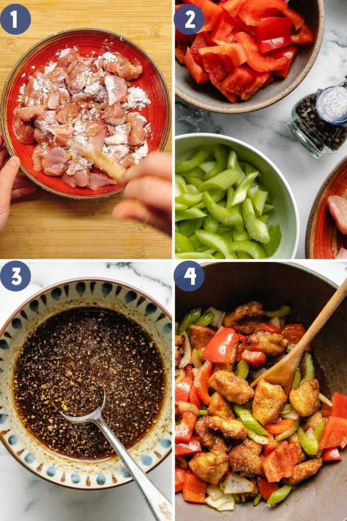 A step-by-step photo shows how to make black pepper chicken panda express style at home