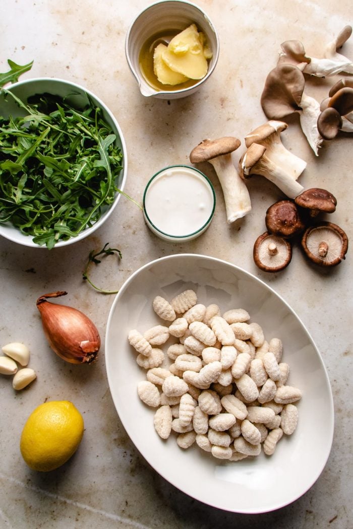 Ingredients for gnocchi and mushroom sauce