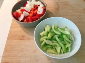 Dice the vegetables celery onion and bell pepper