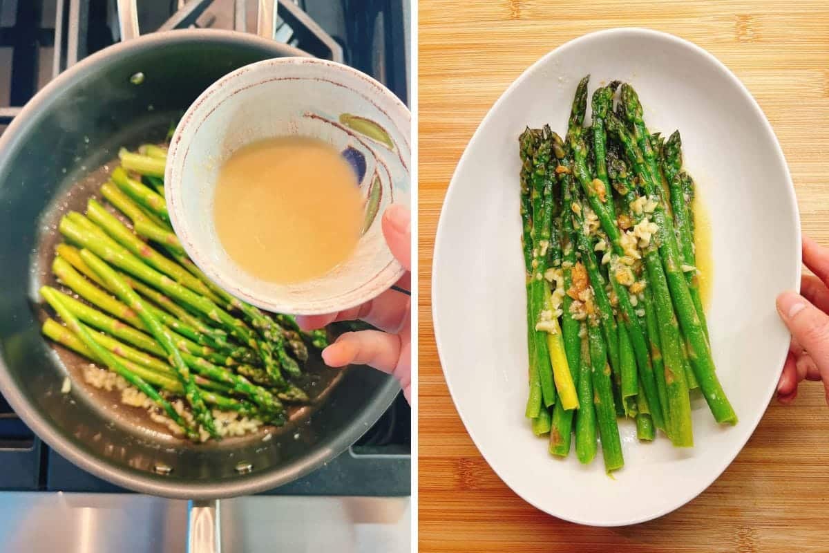 On the left, Easy sautéed asparagus cooks in a pan while someone pours miso sauce over it. On the right, asparagus with miso sauce and garlic is arranged on a white plate, ready to serve.