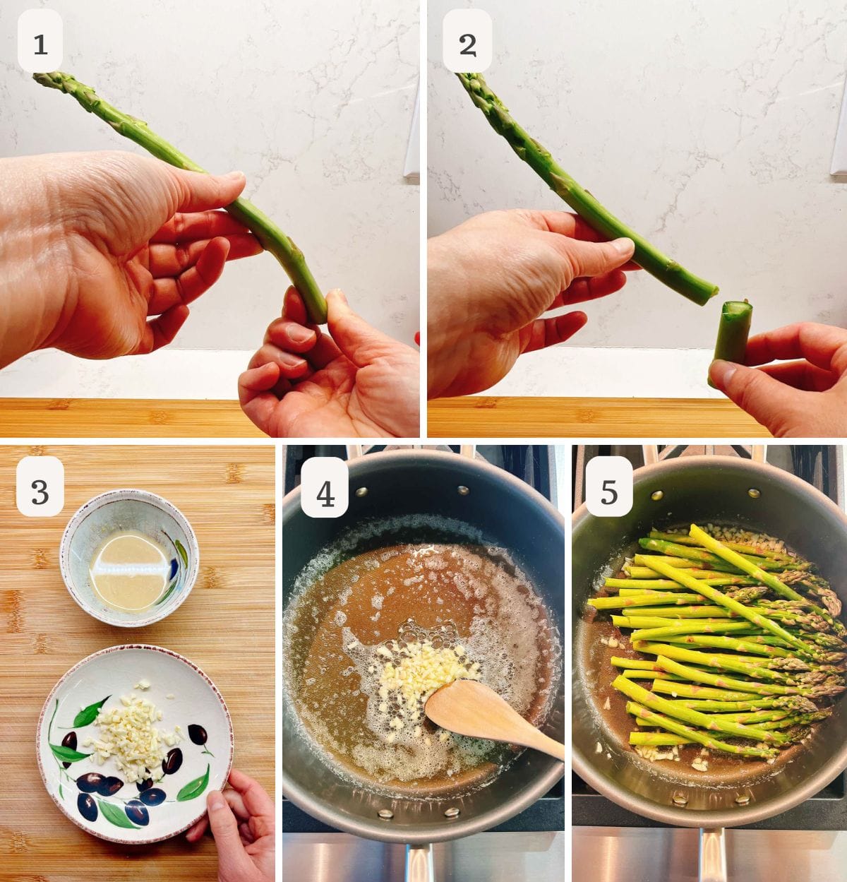 Five steps show: snapping asparagus ends, chopped garlic, garlic in melted butter in a pan, adding asparagus to sauté, and cooking both together. Steps numbered 1–5 with hands and ingredients visible—creating delicious miso butter sauteed asparagus every step of the way.