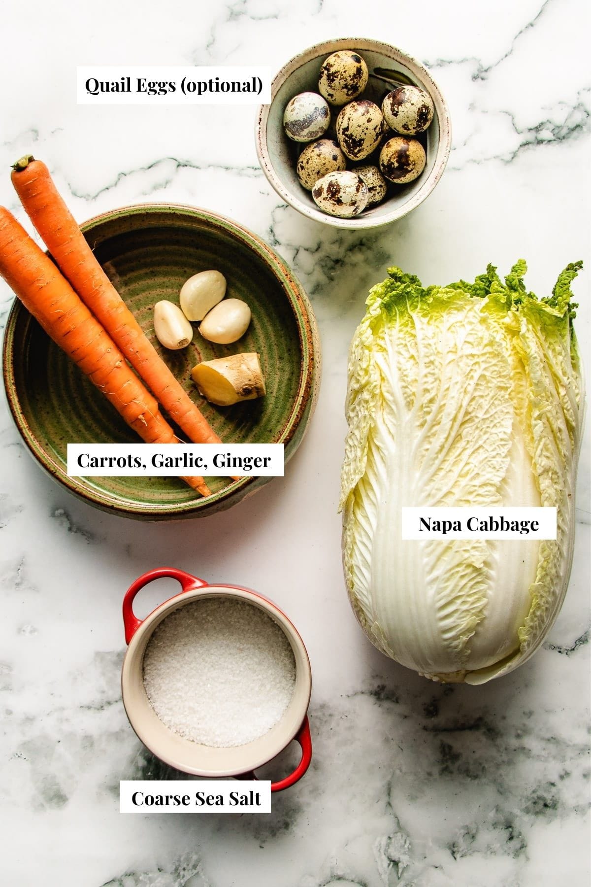 Ingredients to make the stir-fry with napa cabbage, quail eggs, carrots, ginger, garlic, and salt.