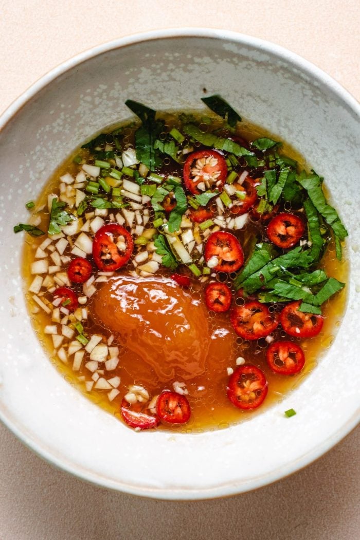 Photo shows a close shot of the sweet chili garlic sauce in a bowl