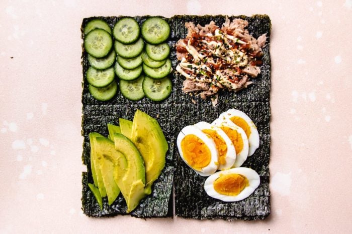 Step 1. lay out the foods into 4 squares