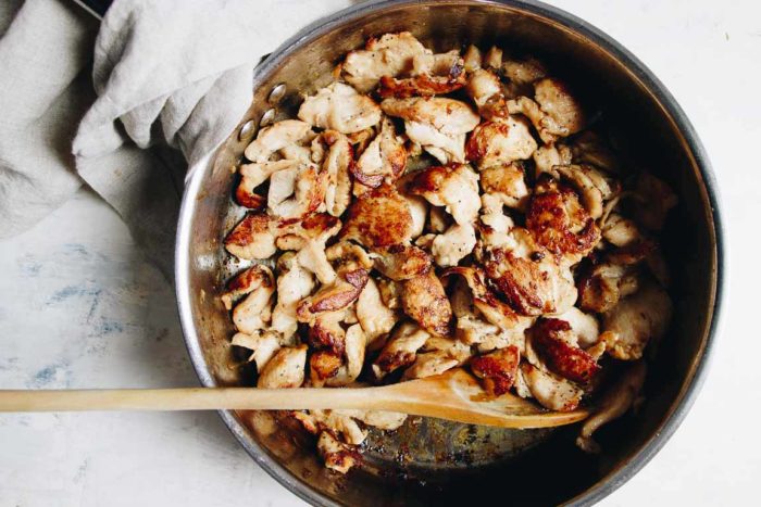 Photo shows stir-fried chicken breasts in a skillet