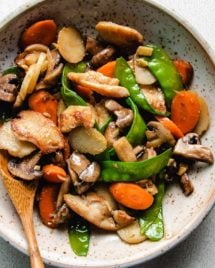 A plate with chicken breast stir-fry with mushrooms and vegetables