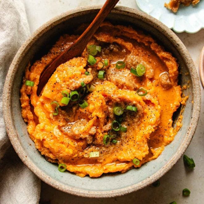 Recipe image shows miso butter mashed sweet potatoes served in a bowl.