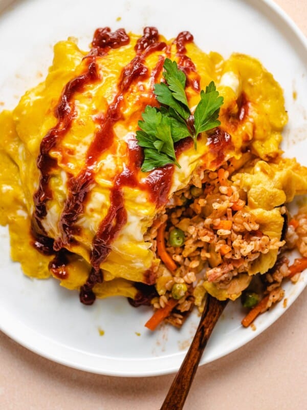 Japanese Omurice served on a white plate