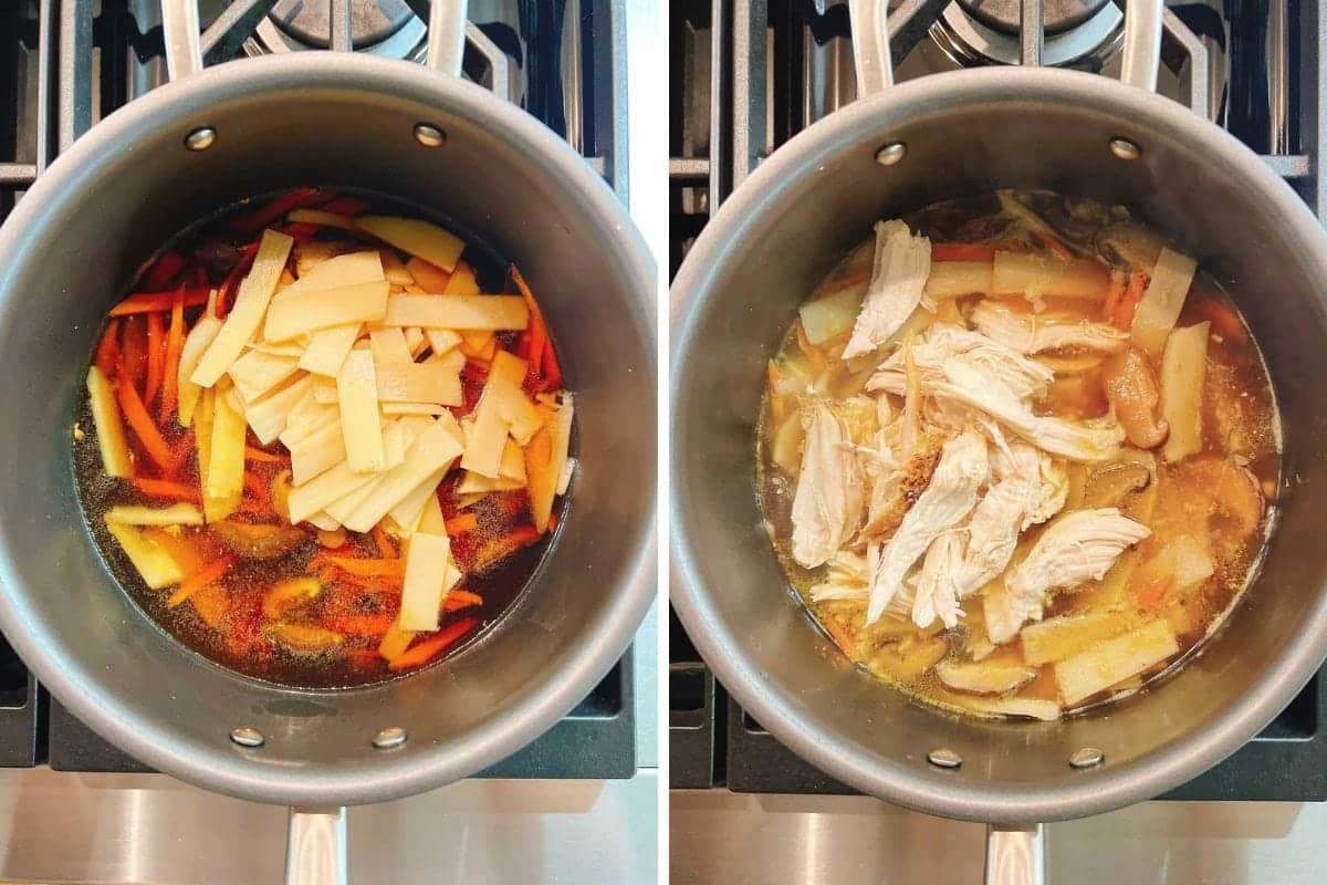 Side-by-side photos show a pot with broth, sliced vegetables, and bamboo shoots on the left, and the same pot on the right with added shredded chicken for a flavorful hot and sour soup with chicken simmering on the stove.