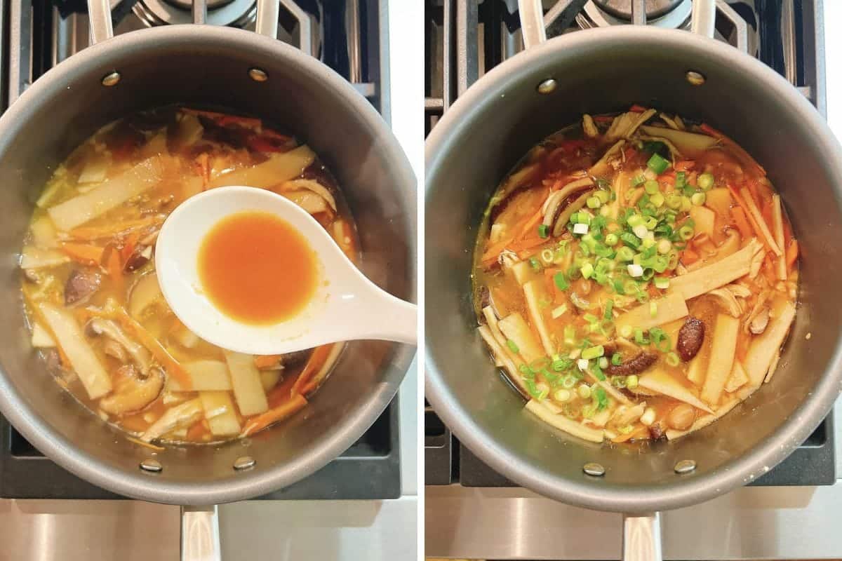 Side-by-side images show a pot of chicken hot and sour soup with mushrooms, bamboo shoots, and vegetables on a stove. On the right, chopped green onions are added on top for extra freshness.