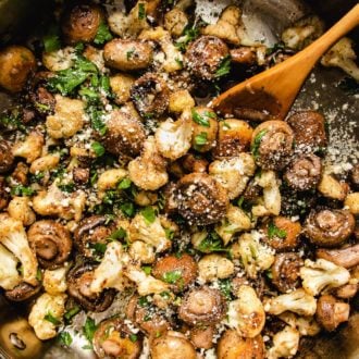 Sauteed Mushrooms with Garlic and Cauliflower Crumbles in a large skillet