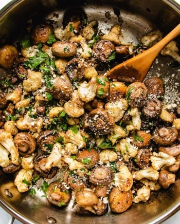 Sauteed Mushrooms with Garlic and Cauliflower Crumbles in a large skillet