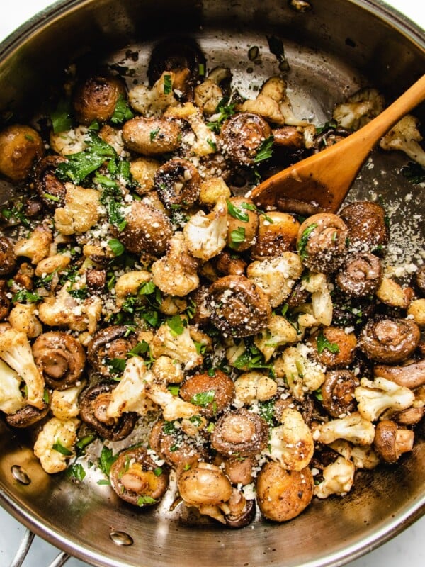 Sauteed Mushrooms with Garlic and Cauliflower Crumbles in a large skillet