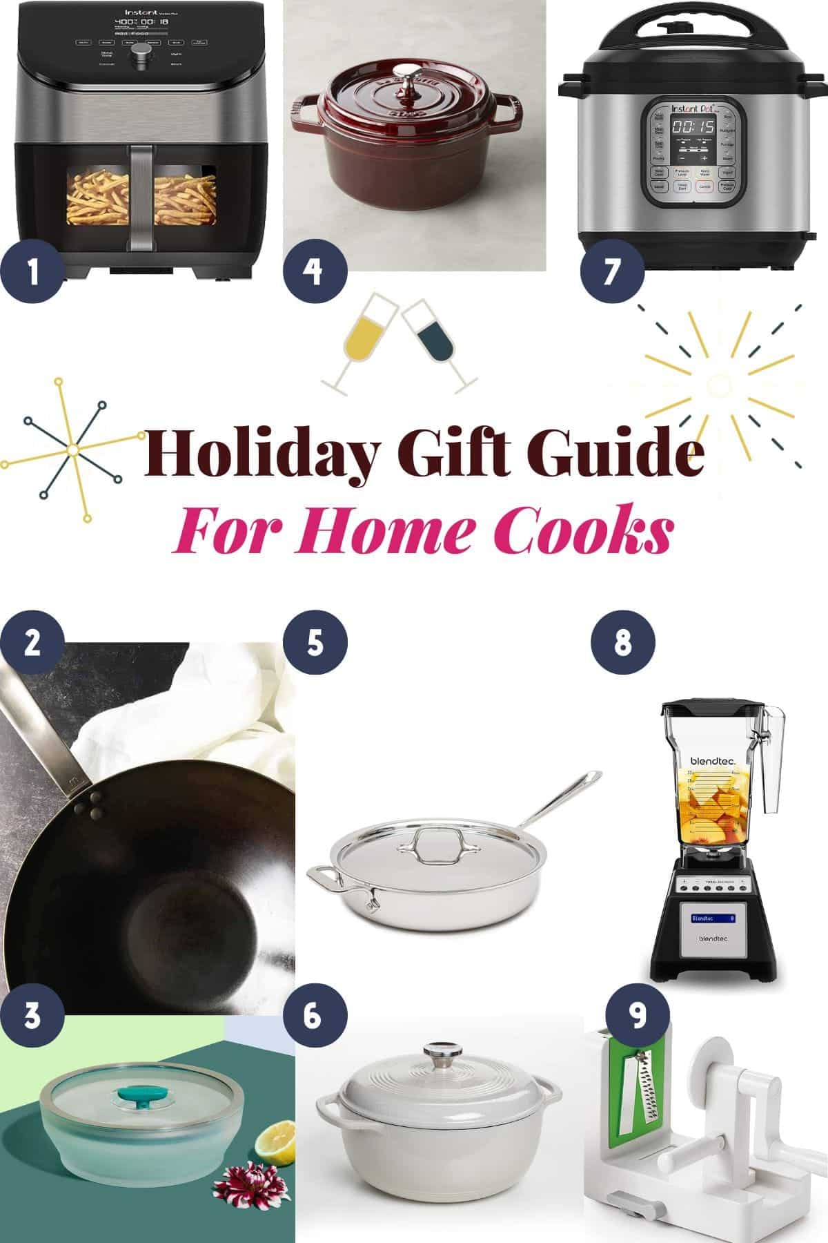 Photo shows a collage of Christmas holiday gift ideas for home cooks