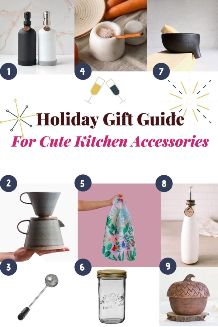 Photo shows a collage of holiday Christmas gift ideas for kitchen accessories