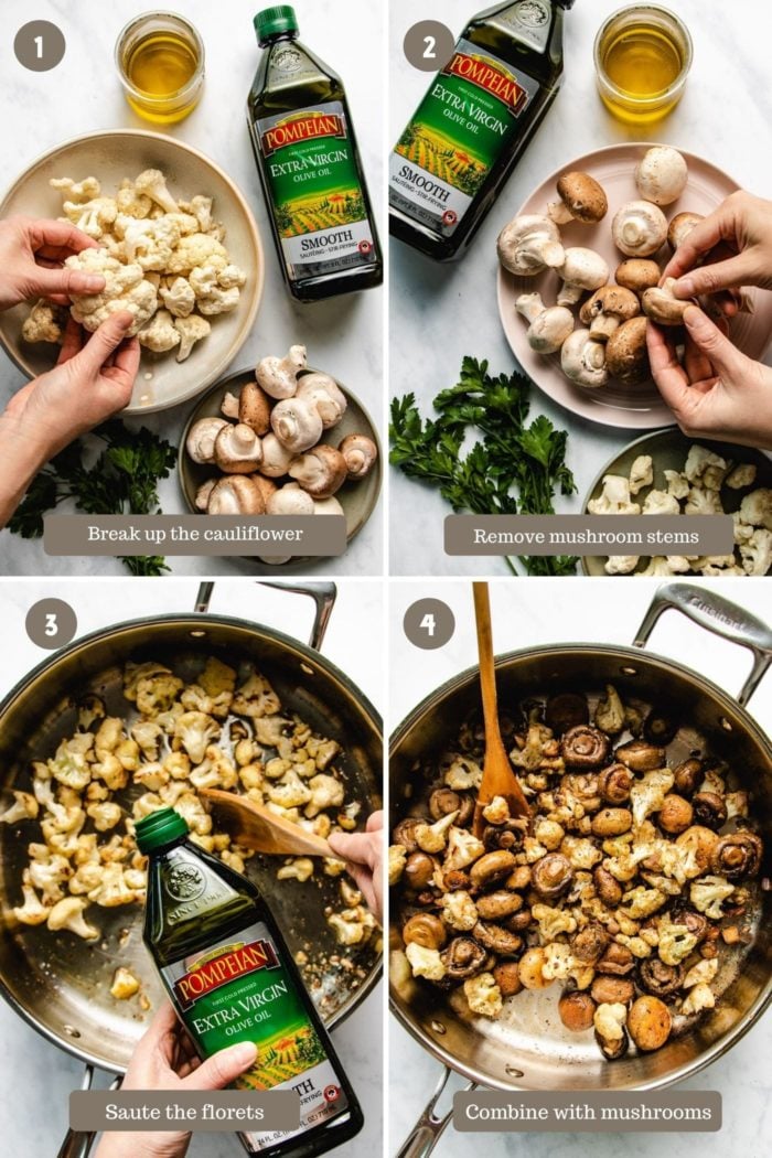 The photo shows a step-by-step process to make the best sauteed mushrooms