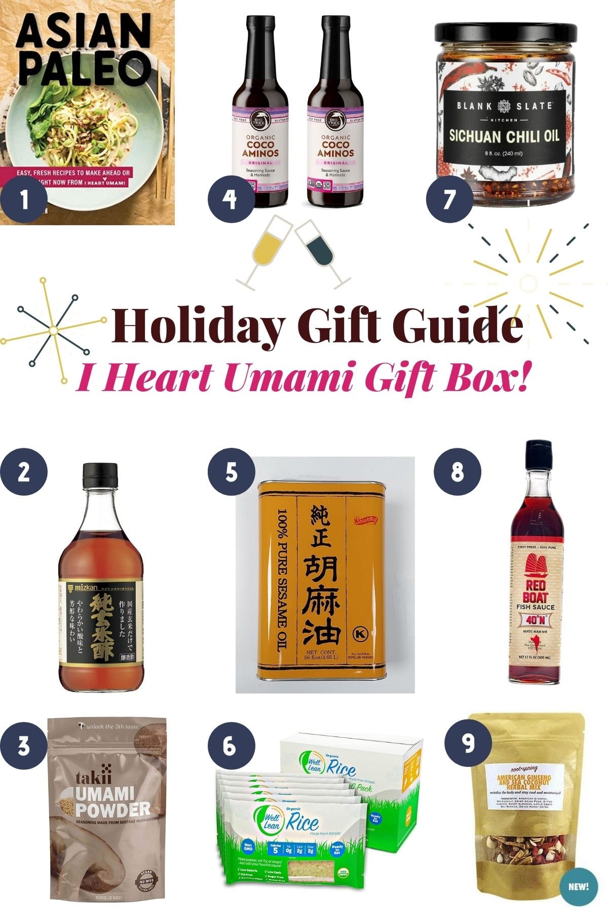 Photo shows a collage items for I Heart Umami holiday gift box ideas