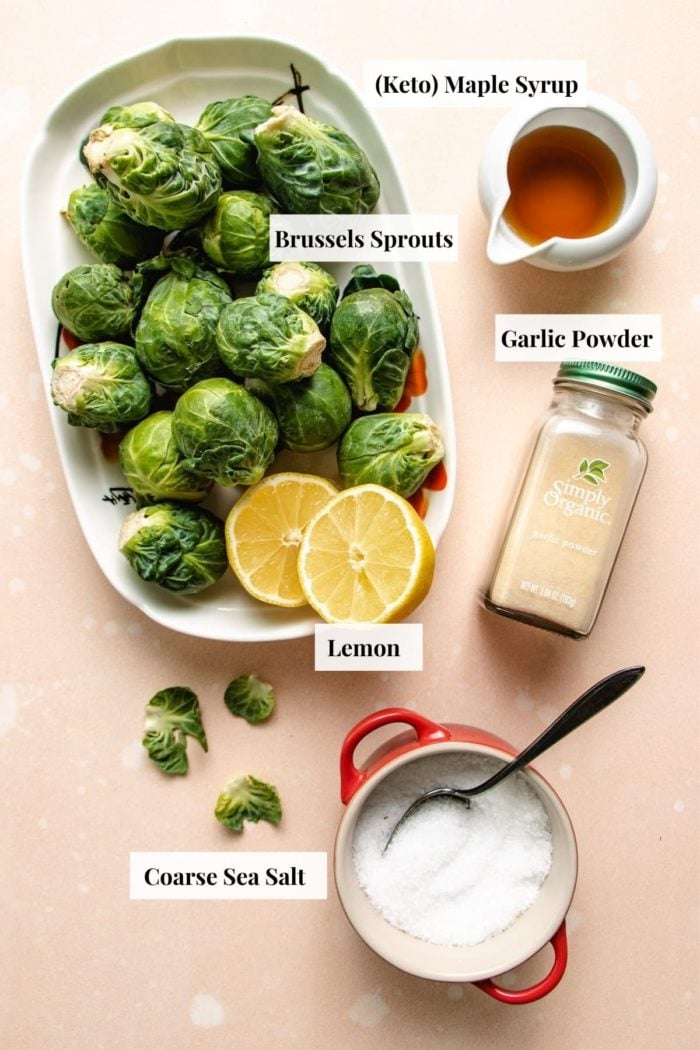 Photo shows ingredients needed to make air fryer maple brussel sprouts. 