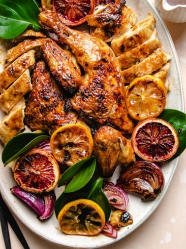 An overhead photo shows the roasted chicken with maple orange gravy on the side