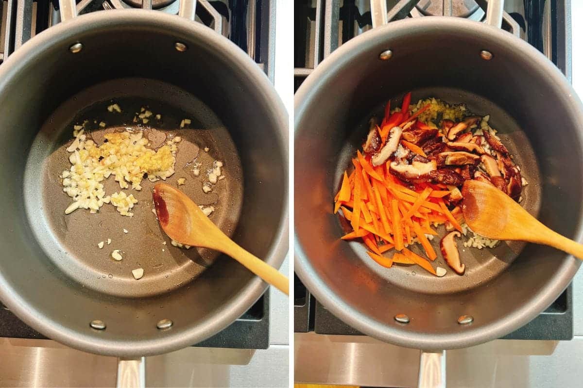 Side-by-side images show a pot on a stove. Left: garlic and onion sauté for Chicken hot and sour soup. Right: sliced carrots and mushrooms are added, all stirred with the same spoon, highlighting how chicken hot and sour soup starts healthy.