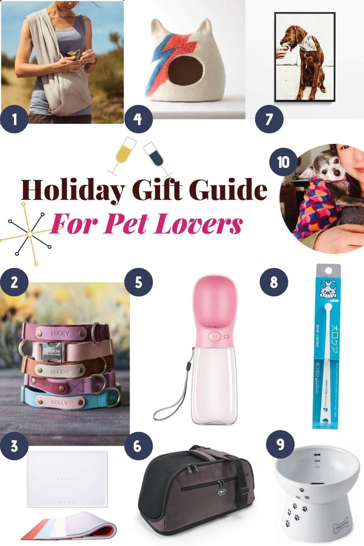 Photo shows a collage of holiday gift guide for pet lovers