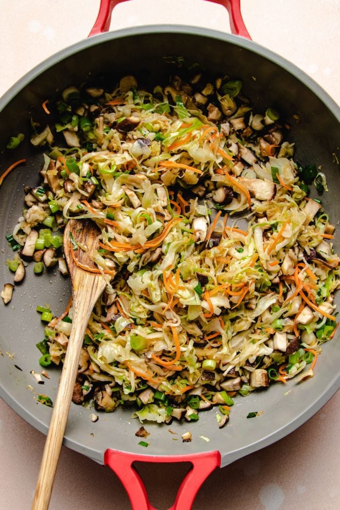 Photo shows the vegetable fillings sauteed in a pan