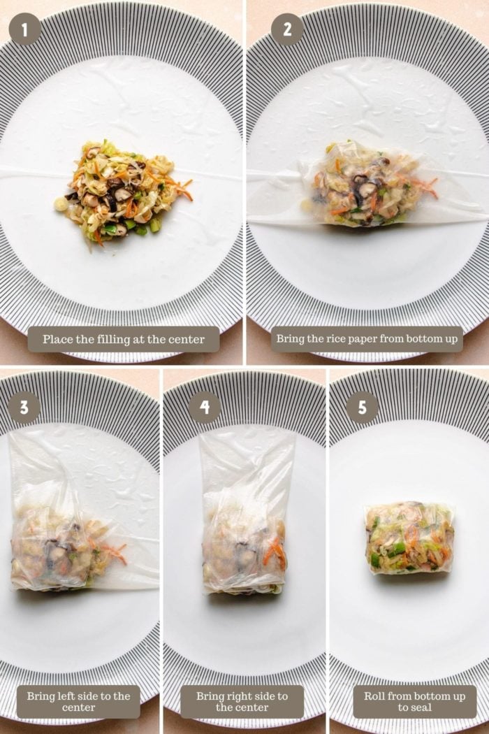 A step-by-step photo collage shows how to fold the rice paper wraps to make dumplings