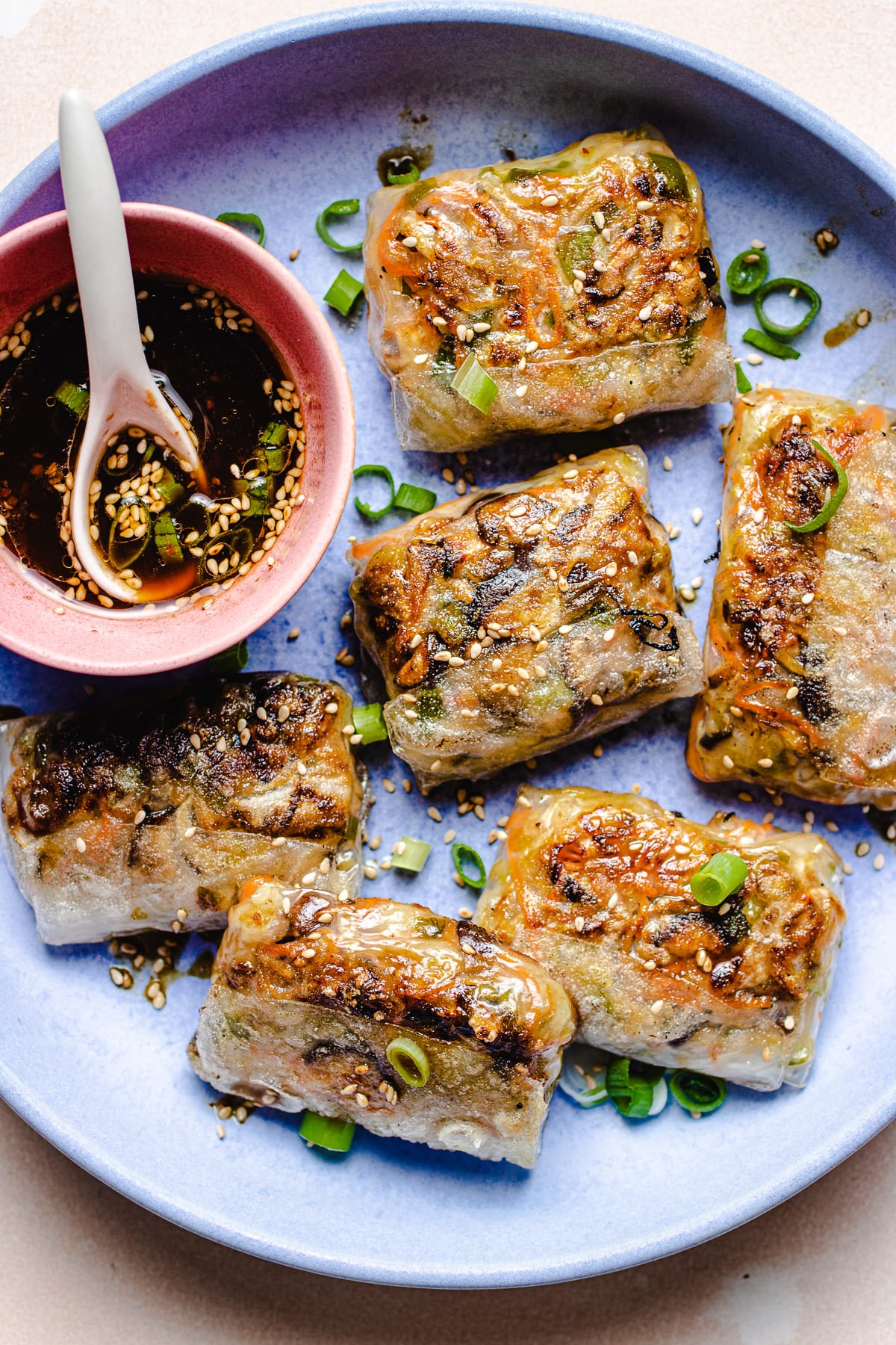 Photo shows pan fried rice wrapper made dumplings with dipping sauce on the side in a light purple plate