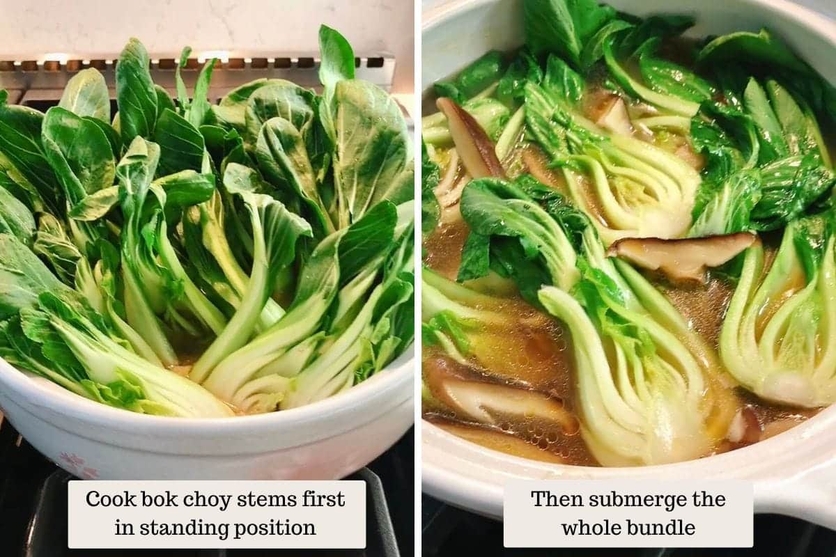 Person demos how to cook bok choy in soup.