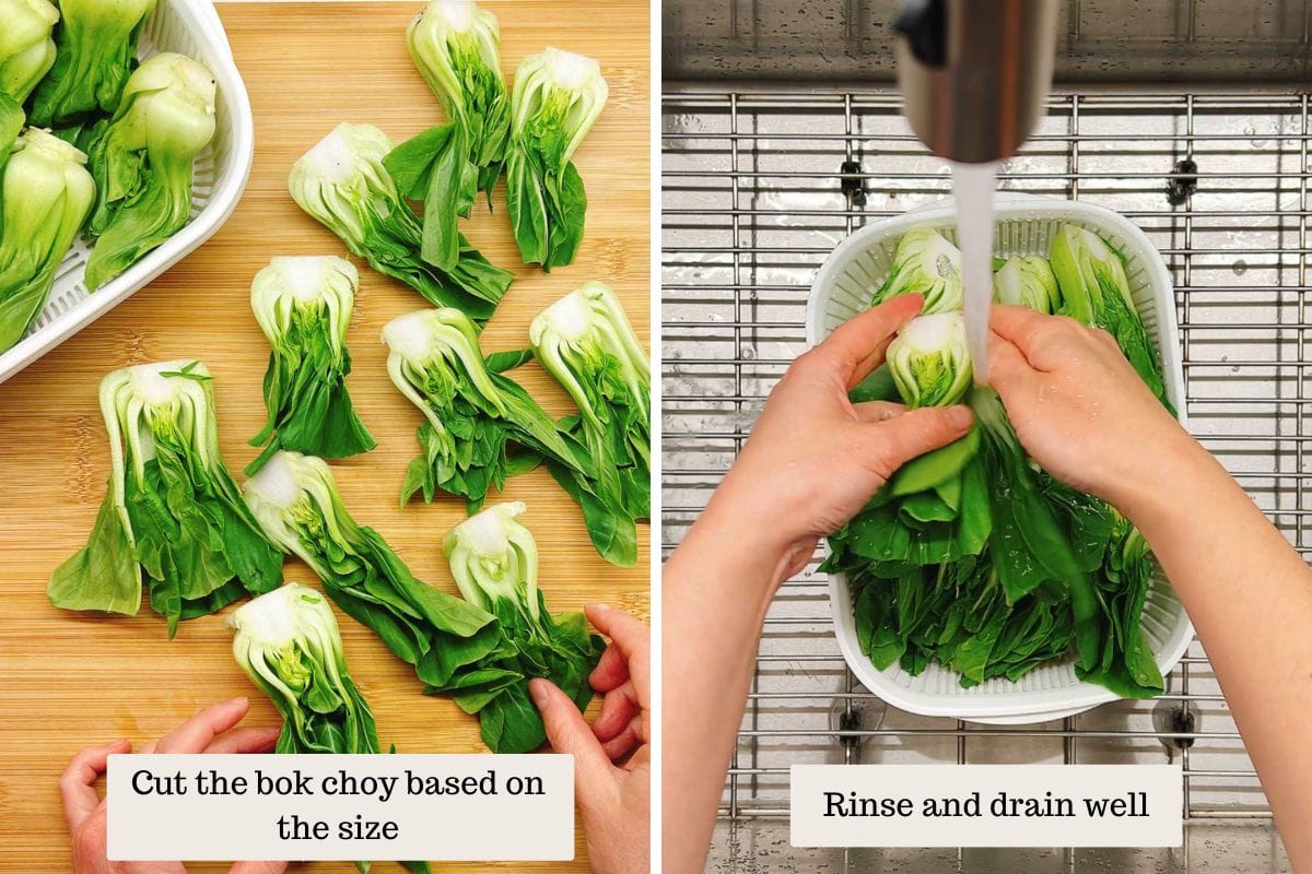 Person demos how to dice and wash bok choy for soup use.