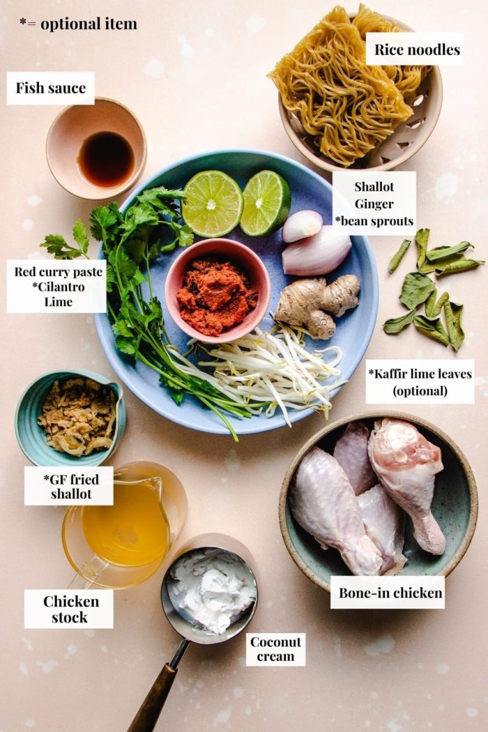 Photo shows ingredients needed to make Chiang Mai Noodles Kao Soy