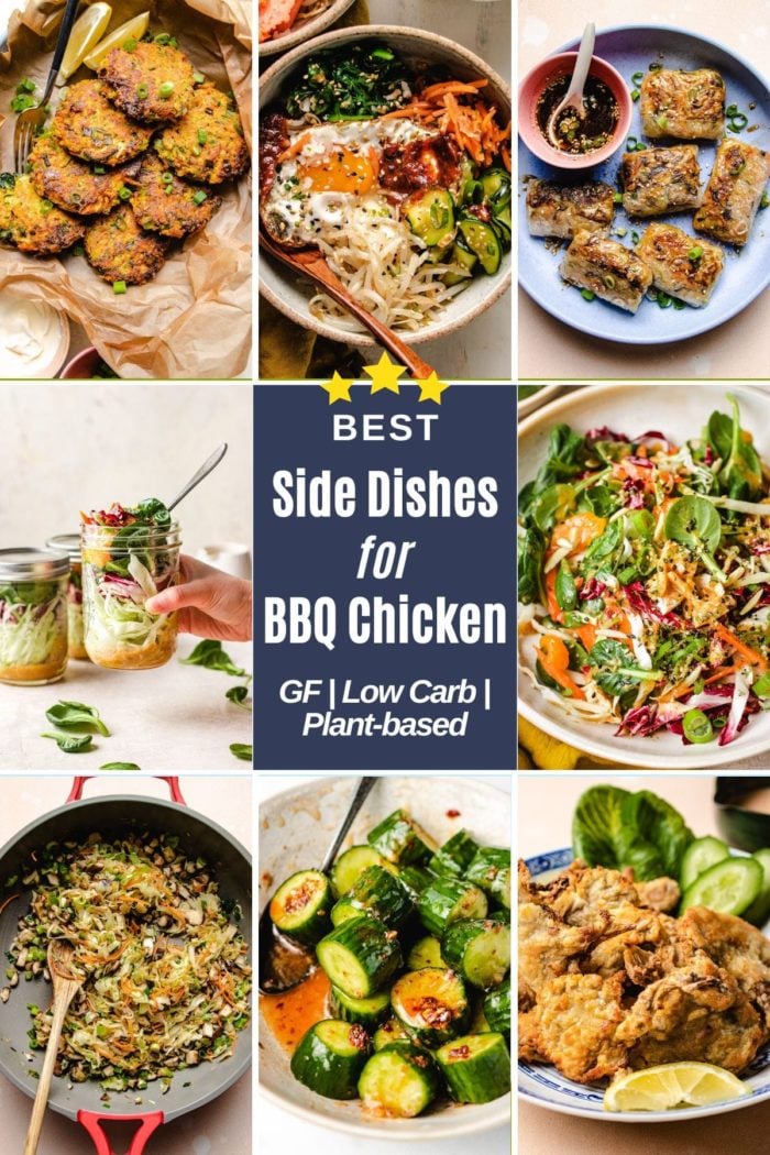 Photo shows a collection of side dishes for grilled bbq chicken pairings