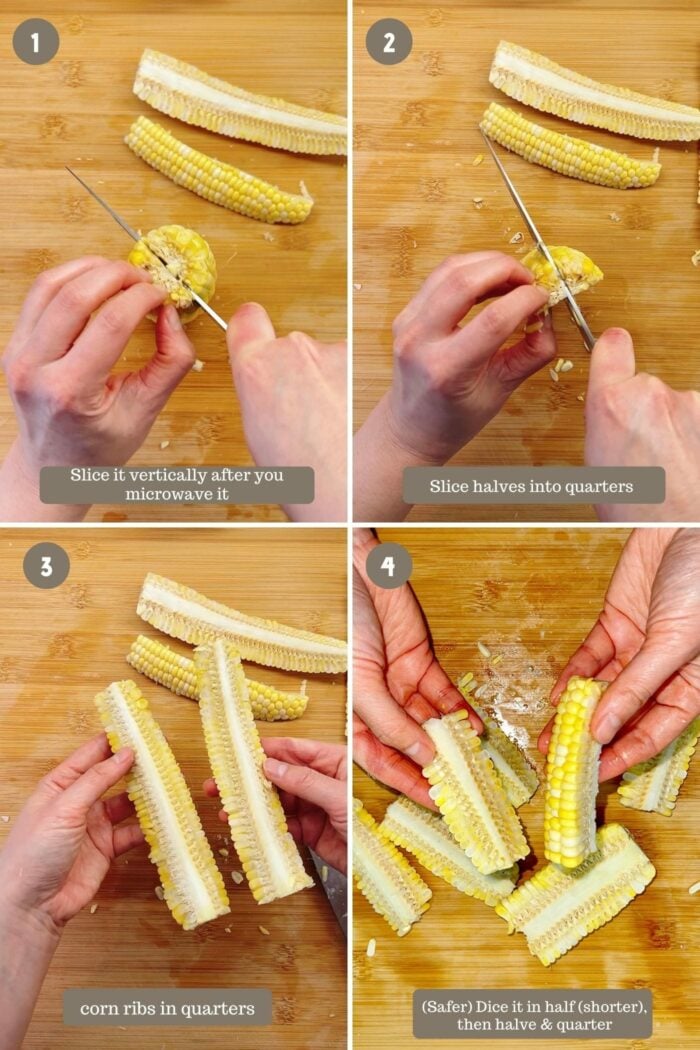 Photo shows 4 steps on how to cut corn ribs safe