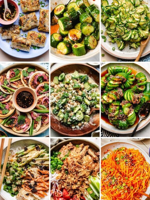 Nine plates of colorful Asian-inspired dishes, perfect as side dishes for grilled chicken, including vegetables, noodles, cucumber salads, fried appetizers, and vibrant garnishes, are arranged in a three-by-three grid on a table.