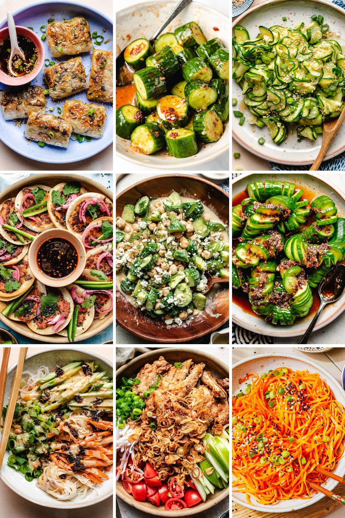 Nine plates of colorful Asian-inspired dishes, perfect as side dishes for grilled chicken, including vegetables, noodles, cucumber salads, fried appetizers, and vibrant garnishes, are arranged in a three-by-three grid on a table.
