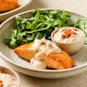 Photo shows a pice of salmon fillet cooked in an air fryer with salad greens and aioli sauce on the side