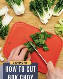 How to cut bok choy for stir fry, soup, and salads with various sizes of pak choi over a red color cutting board