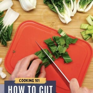 How to cut bok choy for stir fry, soup, and salads with various sizes of pak choi over a red color cutting board